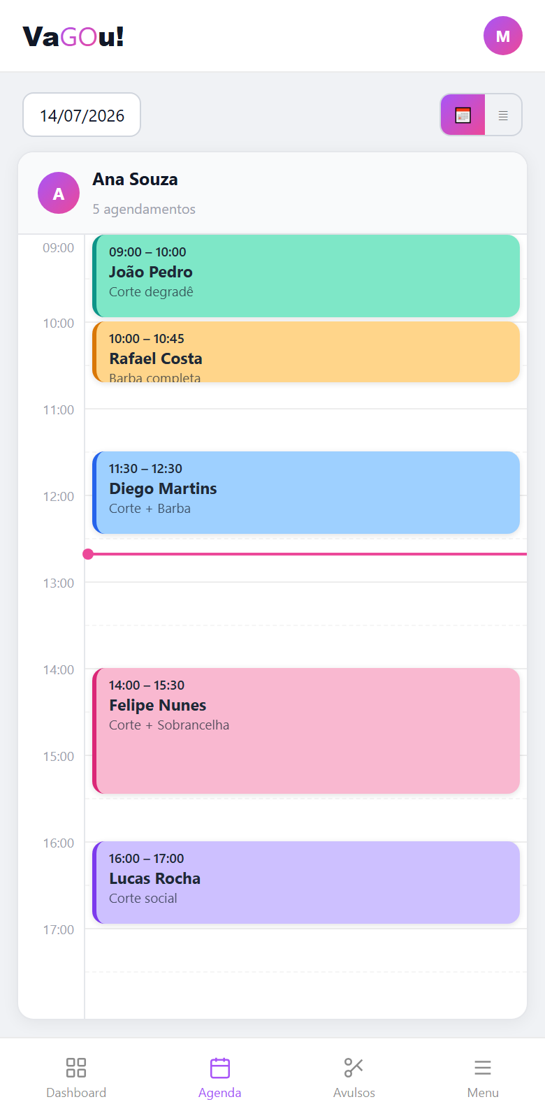 Painel VaGOu! no celular — agenda do profissional